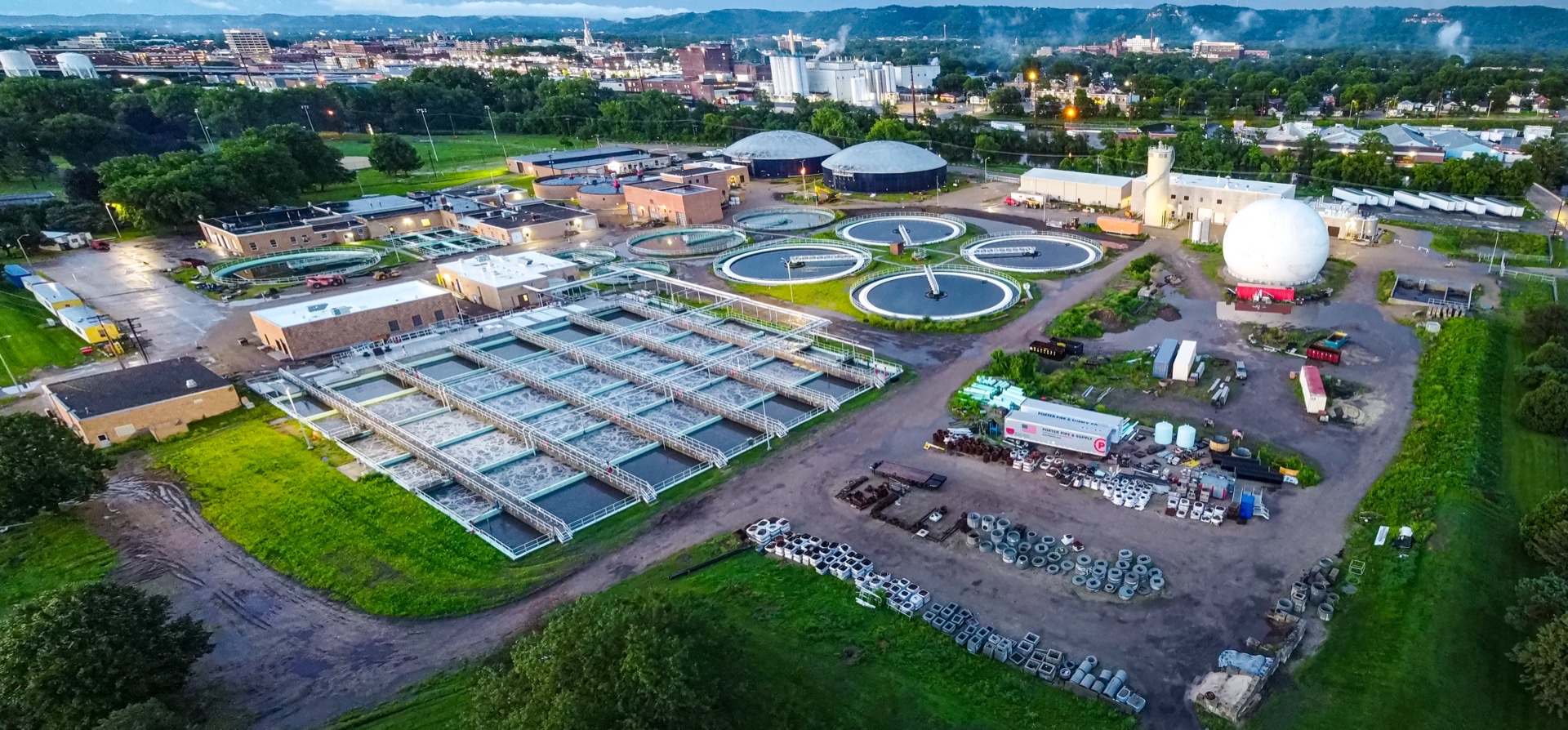 Aerial view of a sewage treatment facility